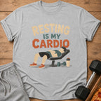 Grey t-shirt with "Resting Is My Cardio" text and a man on a weight bench.