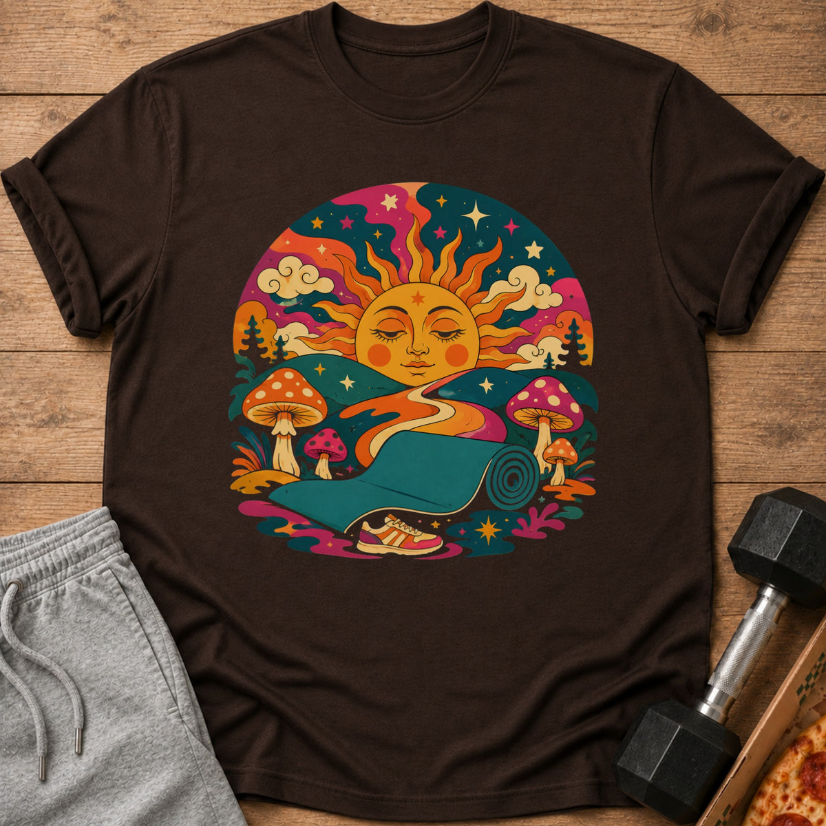 Brown t-shirt with colorful sun, mushrooms, yoga mat, and sneaker graphic.