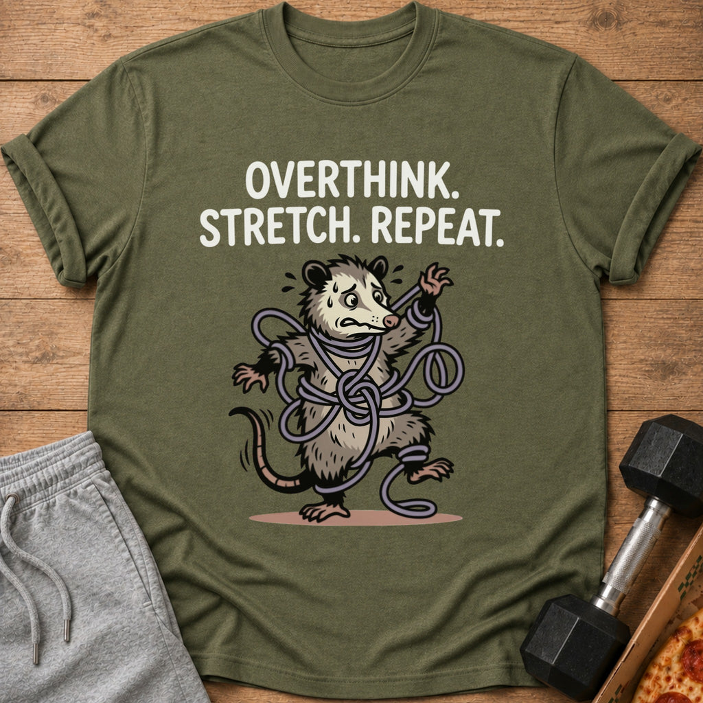 Green t-shirt with "Overthink. Stretch. Repeat." text and a possum tangled in string.