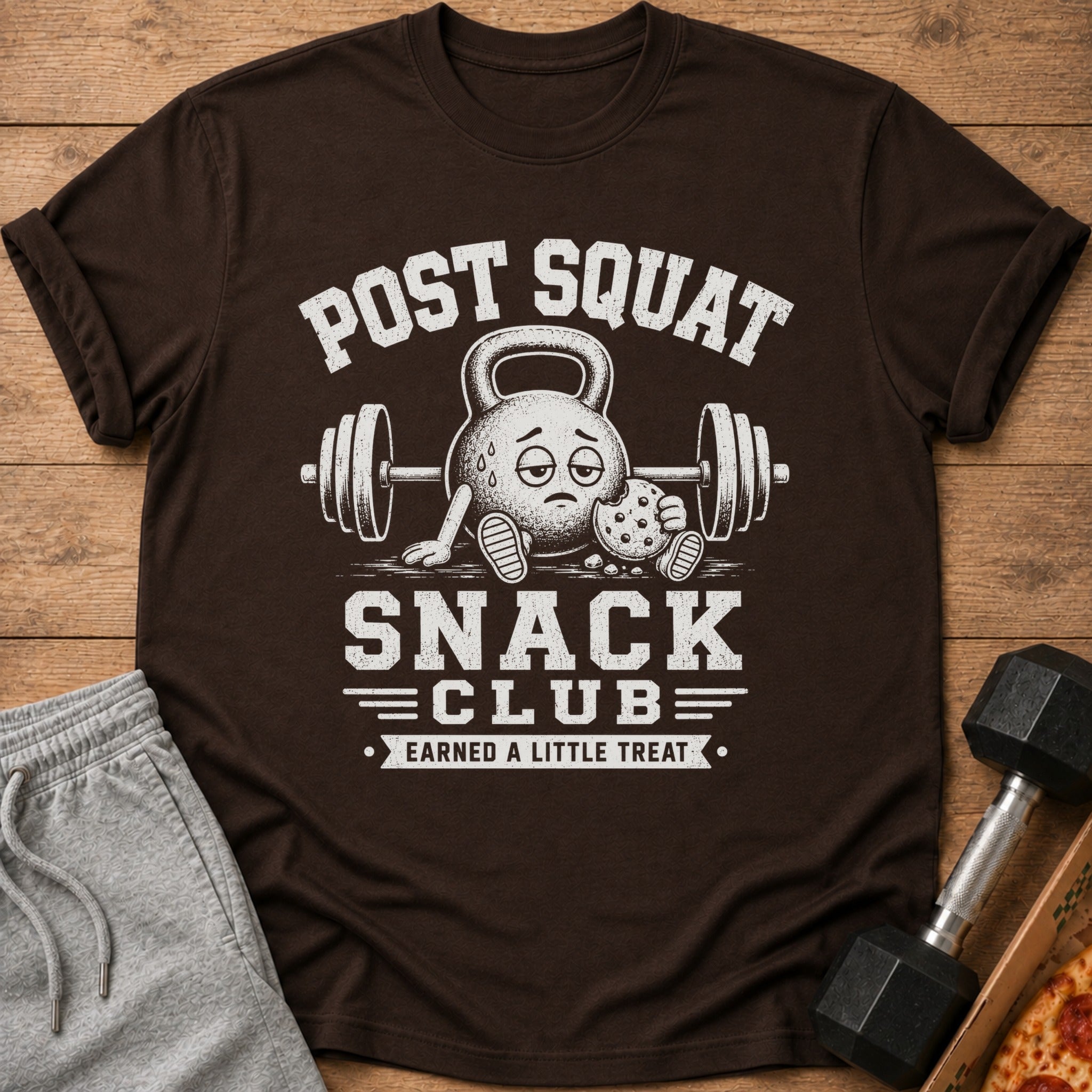 Brown t-shirt with "Post Squat Snack Club" text and a cartoon kettlebell holding a cookie.