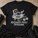 Black t-shirt with a graphic of a raccoon on a foam roller, dumbbells, and water bottle with text "RECOVERY FEELS PERSONAL".