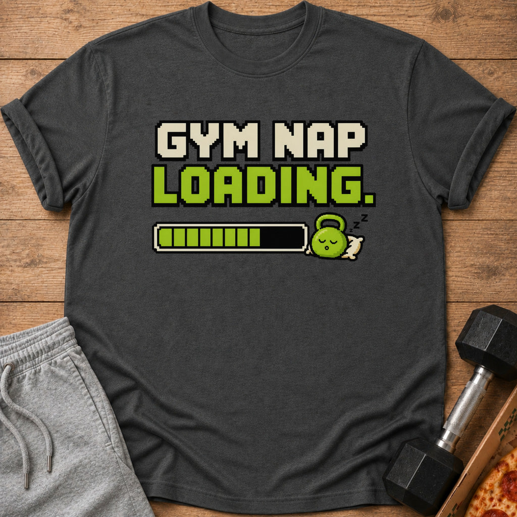 Dark grey t-shirt with pixelated "GYM NAP LOADING" text and a sleeping kettlebell.