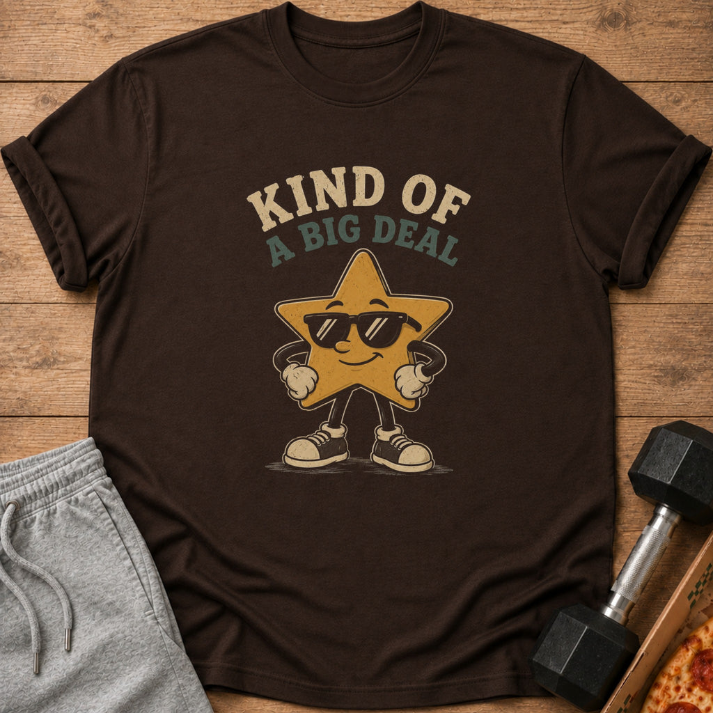 Brown t-shirt with cartoon star wearing sunglasses and text "KIND OF A BIG DEAL".