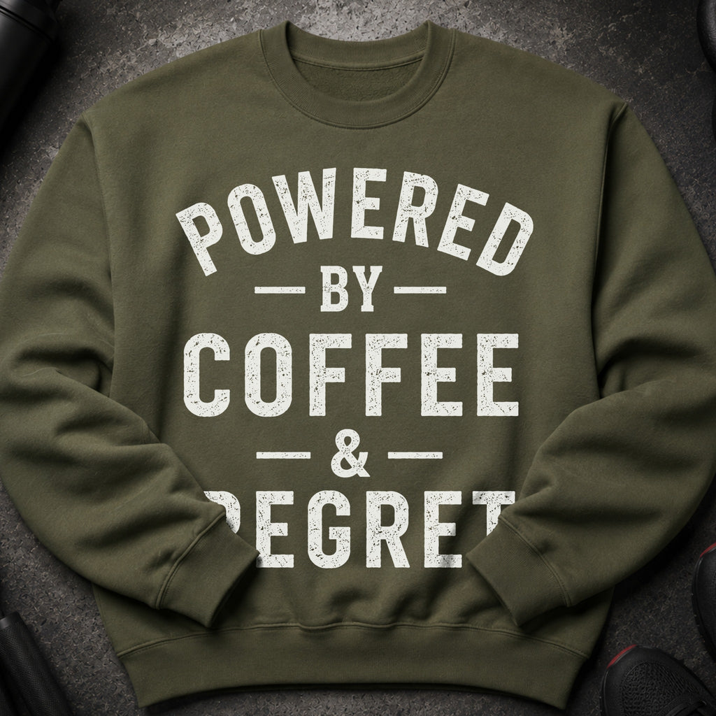 Olive green sweatshirt with white text: Powered by Coffee & Regret.