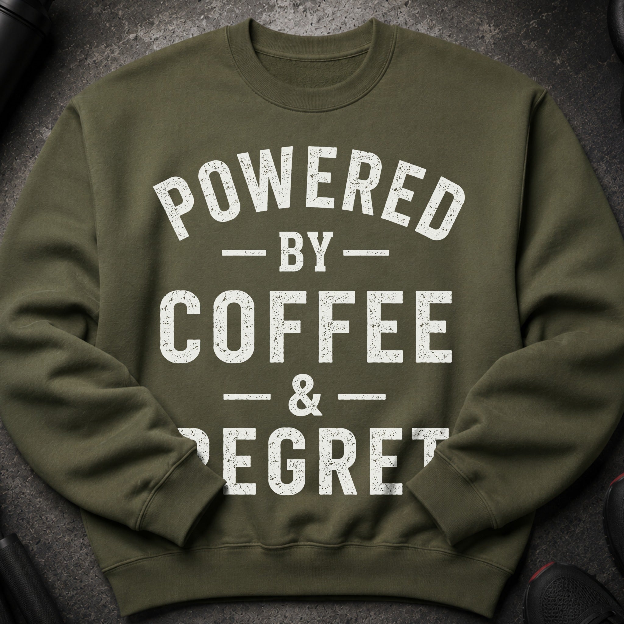 Olive green sweatshirt with white text: Powered by Coffee & Regret.