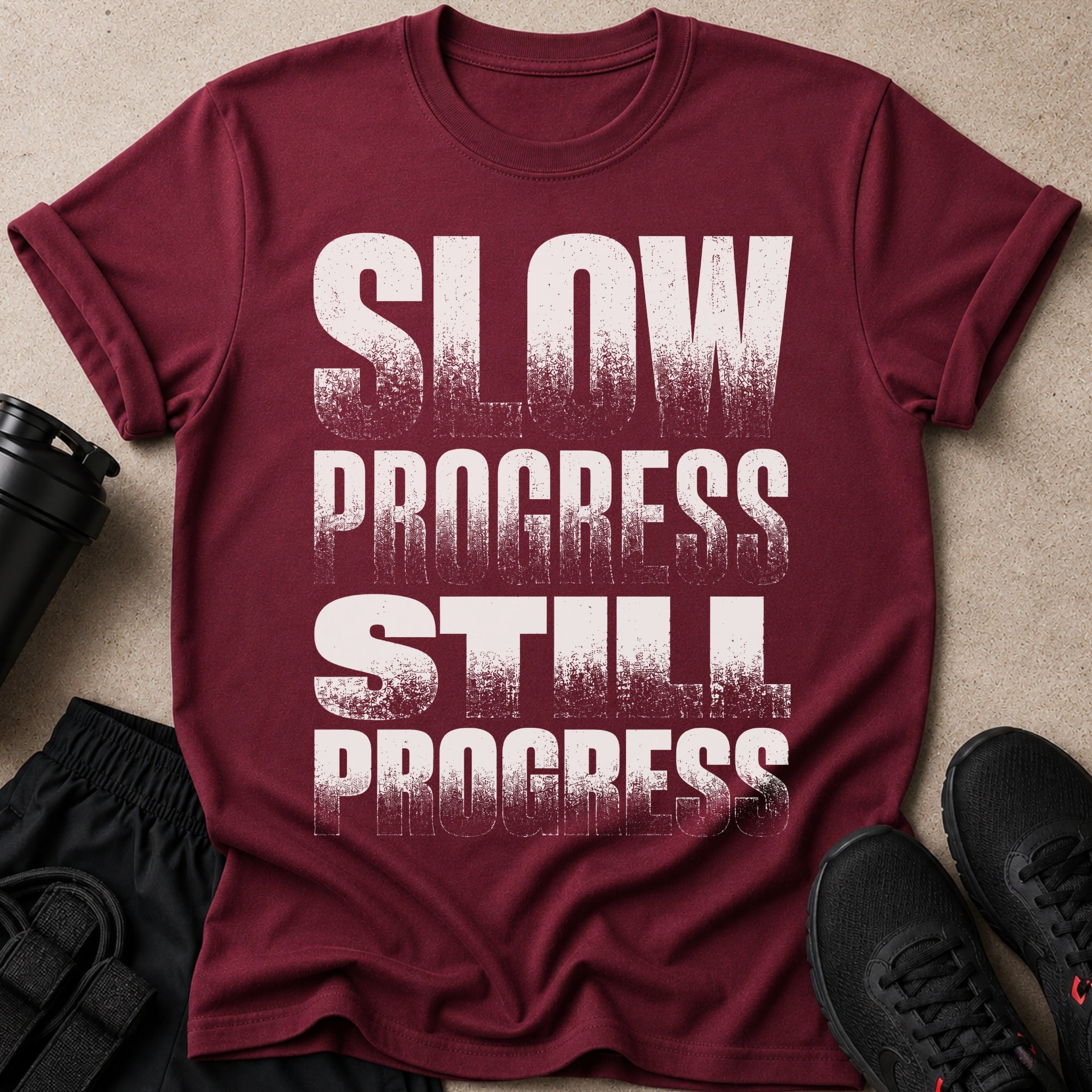 Maroon t-shirt with distressed text "SLOW PROGRESS STILL PROGRESS".