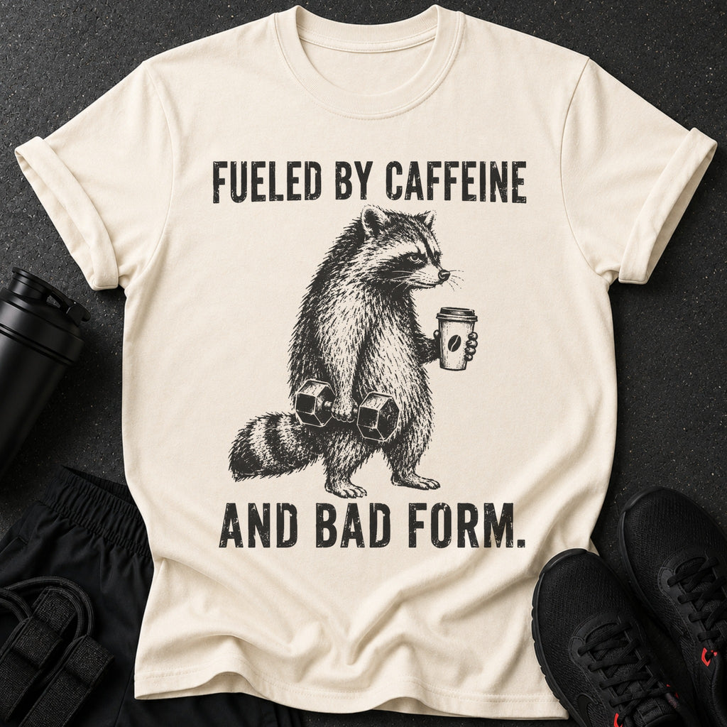 "Fueled By Caffeine And Bad Form." text on a cream t-shirt with a raccoon graphic.