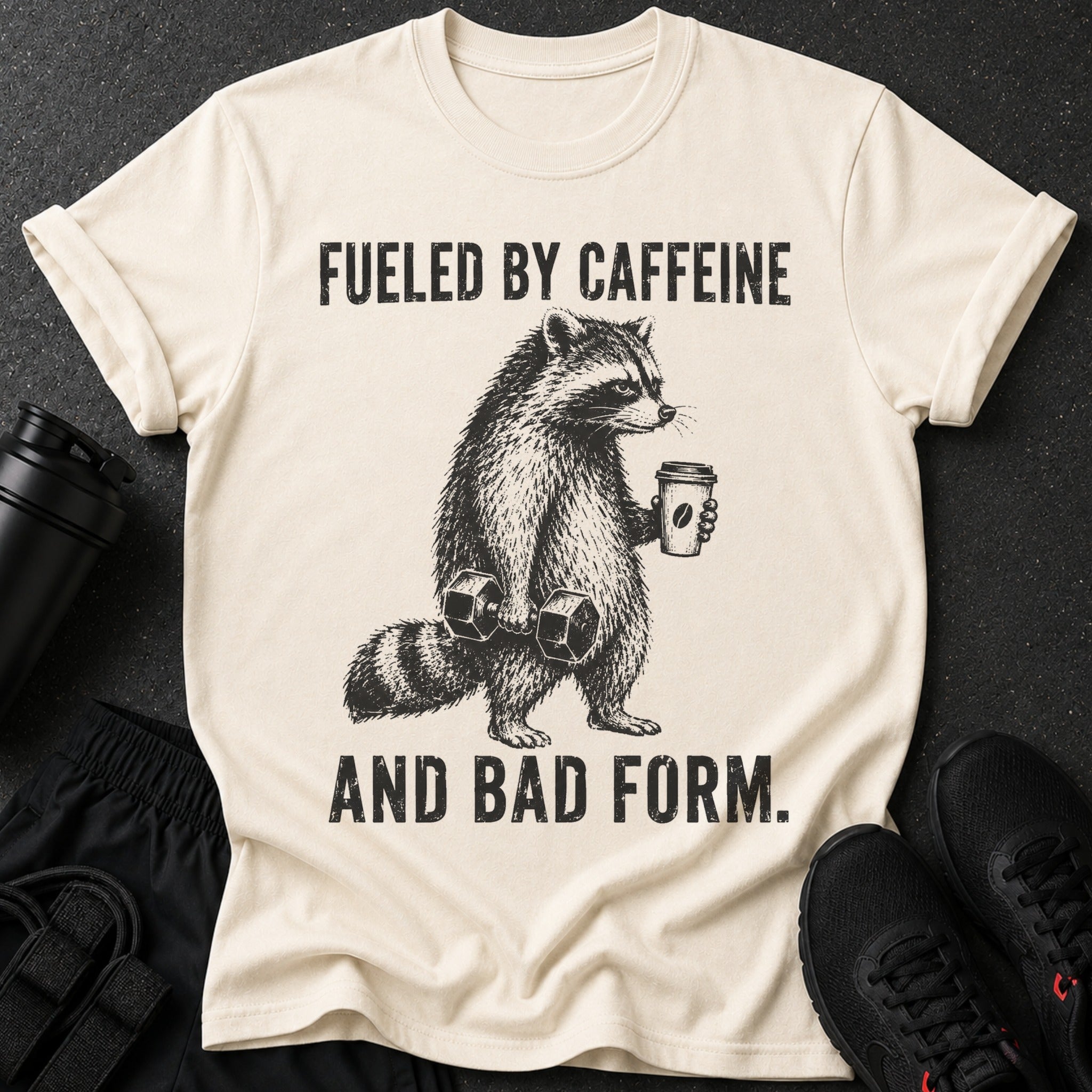 "Fueled By Caffeine And Bad Form." text on a cream t-shirt with a raccoon graphic.