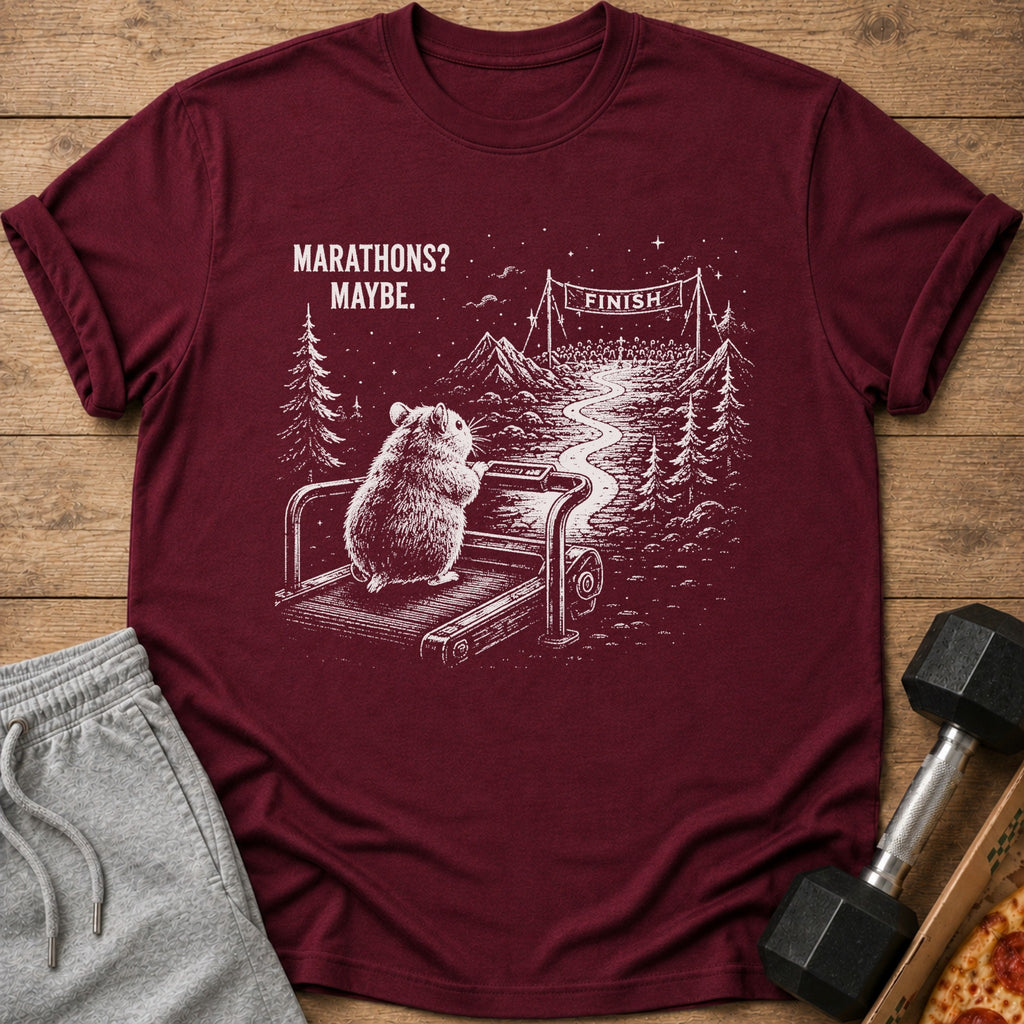 Maroon t-shirt with hamster on treadmill and "Marathons? Maybe." text.