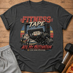 Dark gray t-shirt with "FITNESS TAPE" and "ATE MY MOTIVATION" graphics.