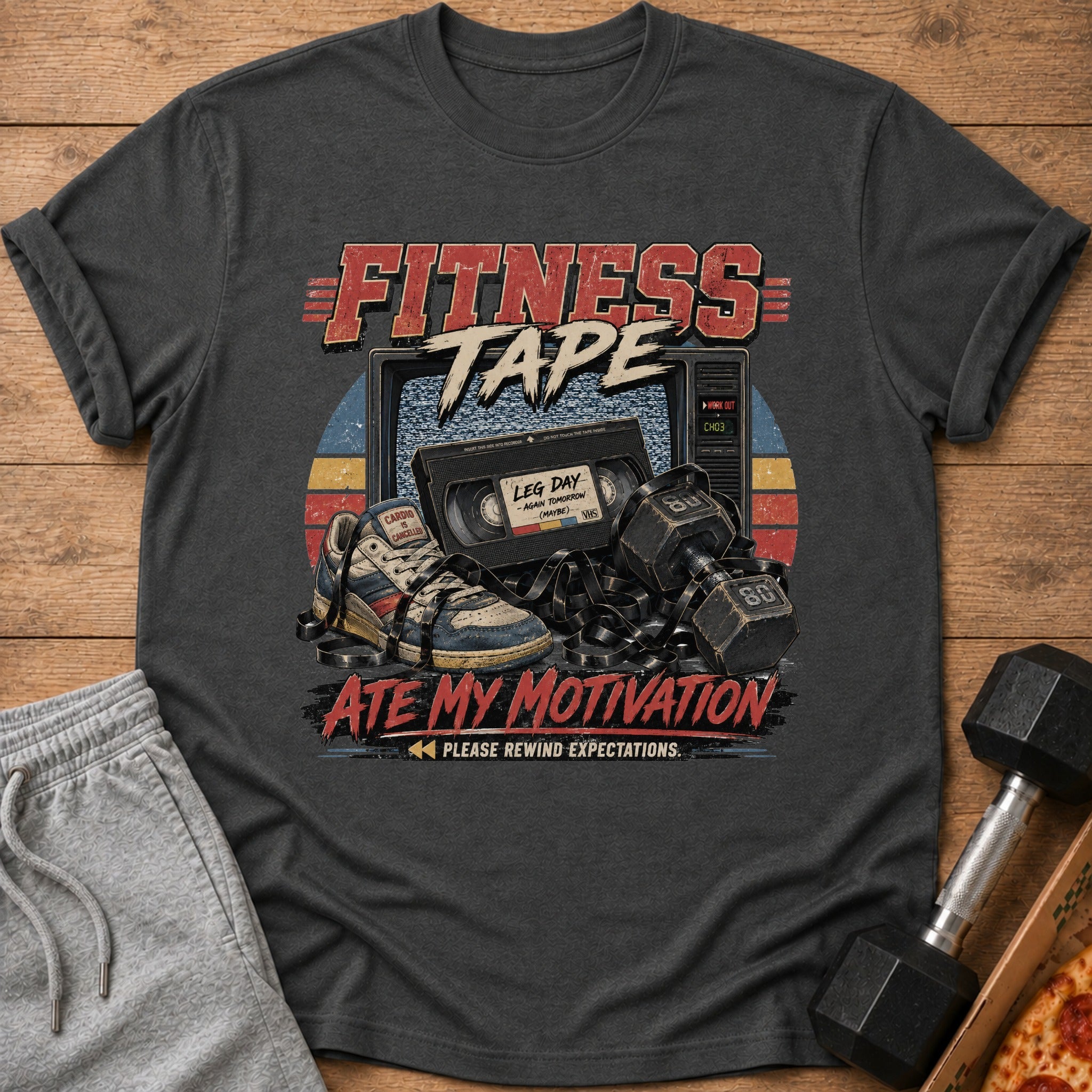 Dark gray t-shirt with "FITNESS TAPE" and "ATE MY MOTIVATION" graphics.