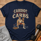 Navy t-shirt with text "Cardio? I thought you said Carbs" and illustration of man eating pizza.