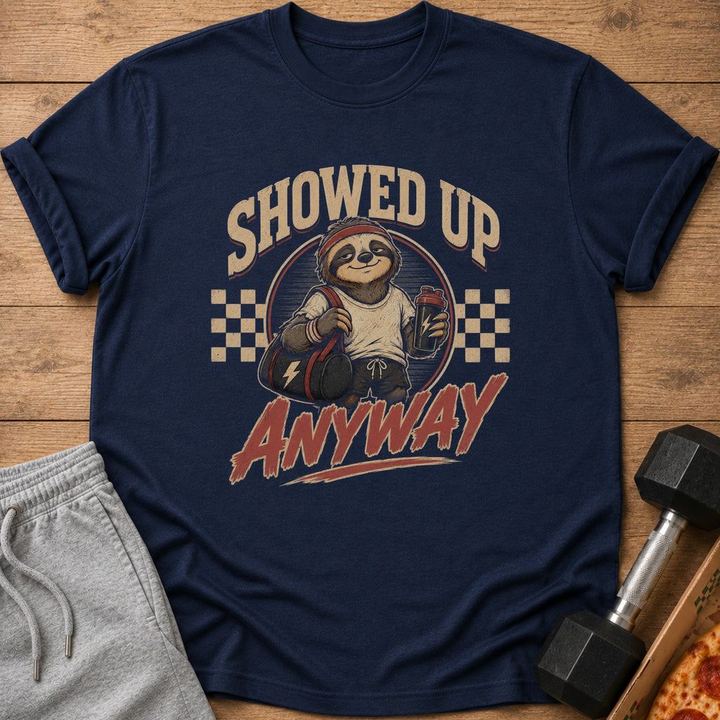 Navy t-shirt with graphic of sloth at gym, text "SHOWED UP ANYWAY".
