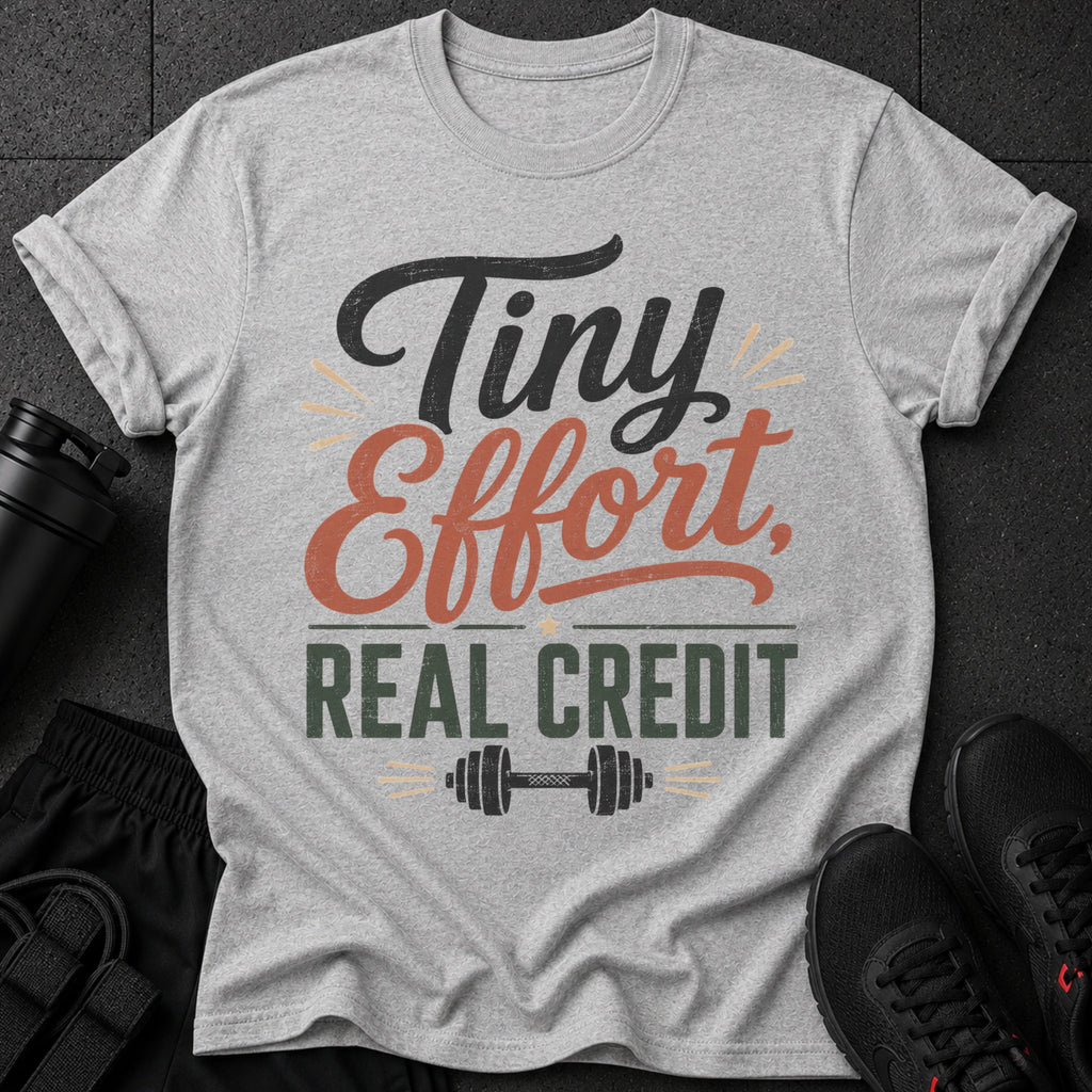 Grey t-shirt with "Tiny Effort, Real Credit" text and barbell graphic.