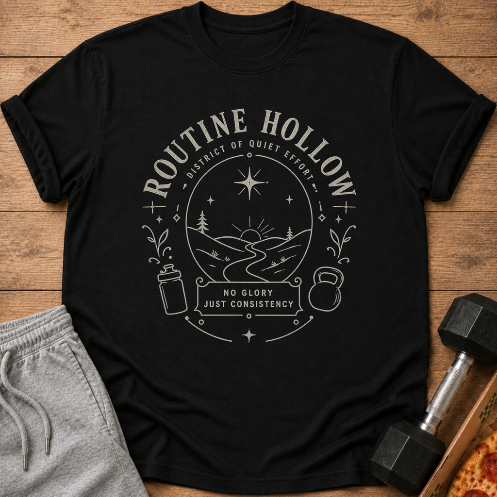 Black t-shirt with "Routine Hollow" graphic featuring a landscape and "No Glory Just Consistency" text.