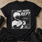 Black t-shirt with anime graphic: "One More Rep?", dumbbell, and "Emotionally Unavailable."