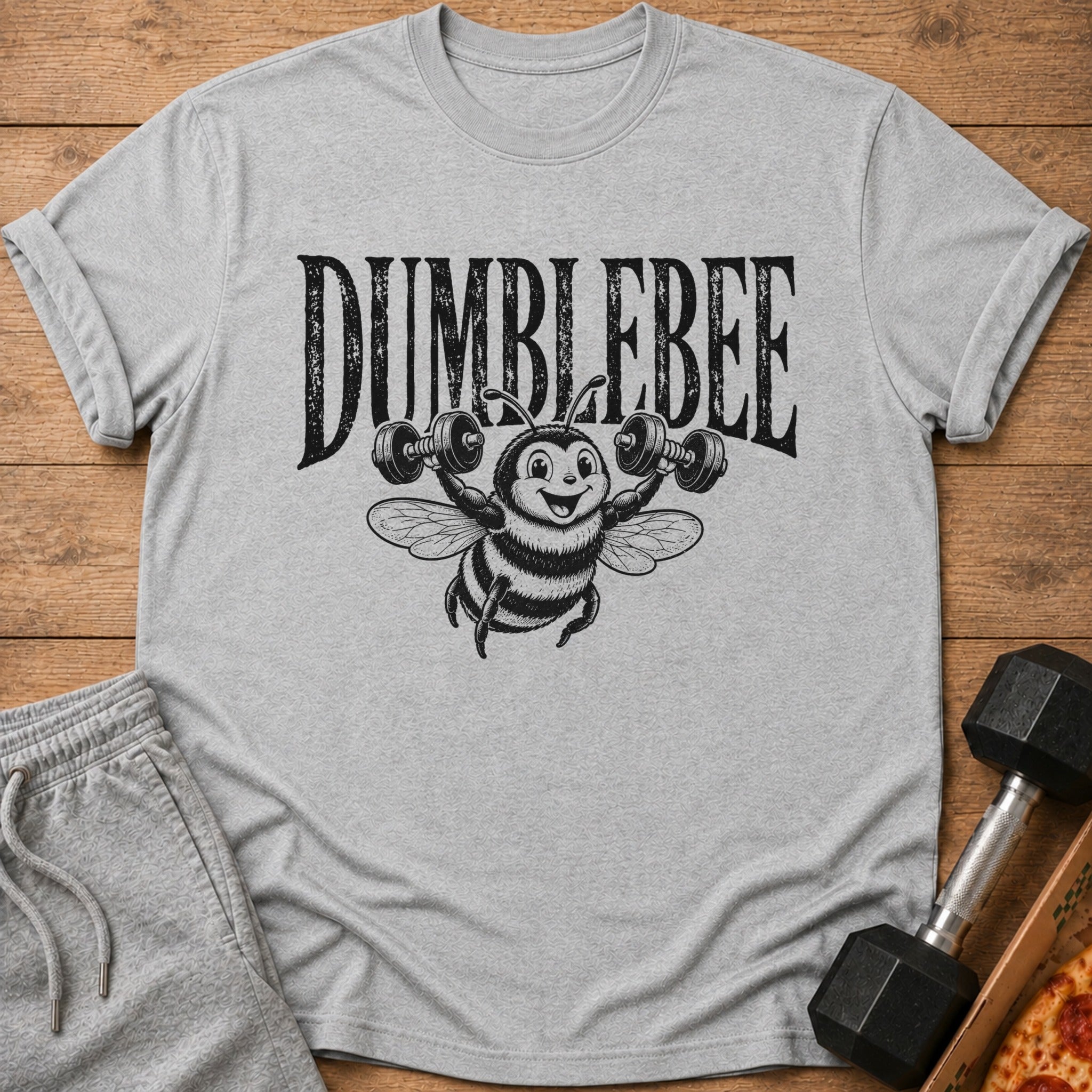 Grey t-shirt with "DUMBLEBEE" text and a cartoon bee lifting dumbbells.