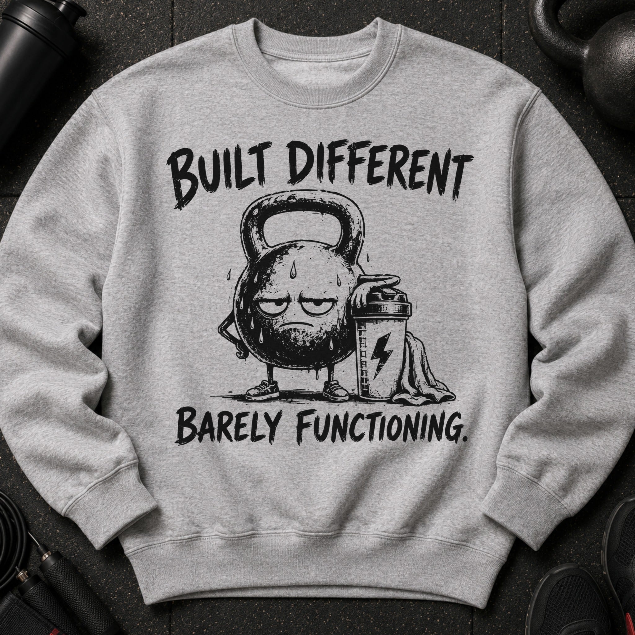 Gray sweatshirt with distressed illustration of a sweating kettlebell and text "BUILT DIFFERENT BARELY FUNCTIONING."