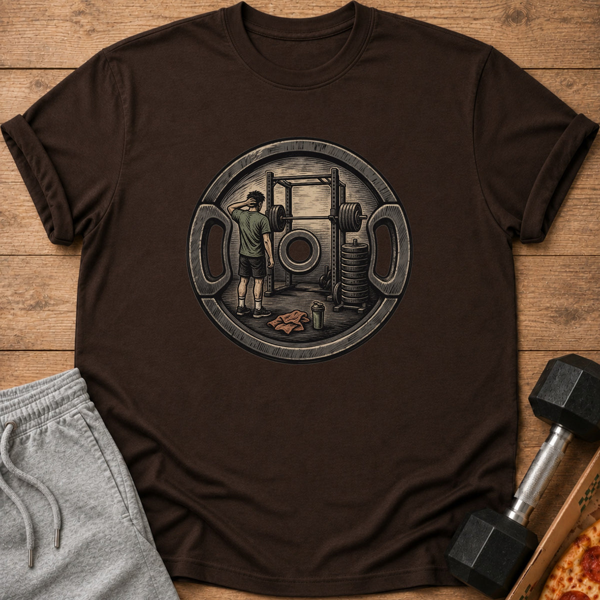 Graphic on brown t-shirt depicts weightlifter in gym by a barbell and weight rack.