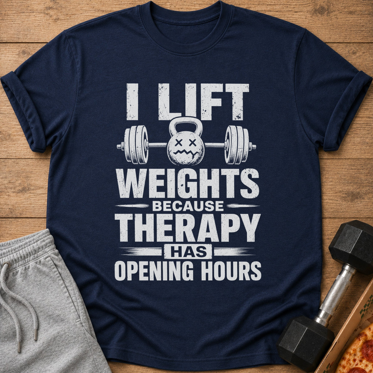Navy t-shirt with white distressed text and barbell graphic: "I lift weights because therapy has opening hours."
