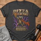 T-shirt graphic: Raccoon holding pizza, "Pizza is my Fuel," "Calories don't count on leg day."