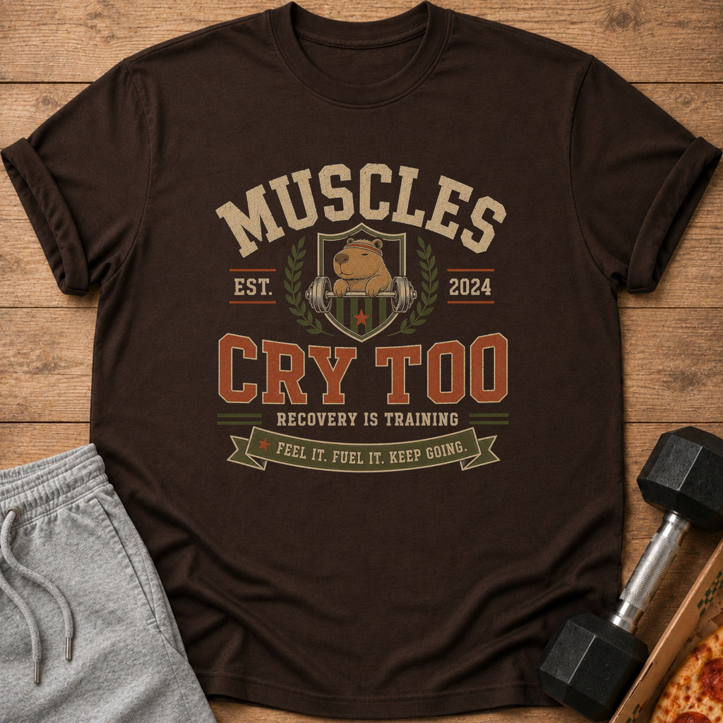 Brown t-shirt with "Muscles Cry Too" graphic featuring a capybara and dumbbells.