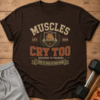 Brown t-shirt with "Muscles Cry Too" graphic featuring a capybara and dumbbells.