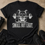 Black t-shirt with a mouse lifting weights and the text "SMALL BUT LEGIT."
