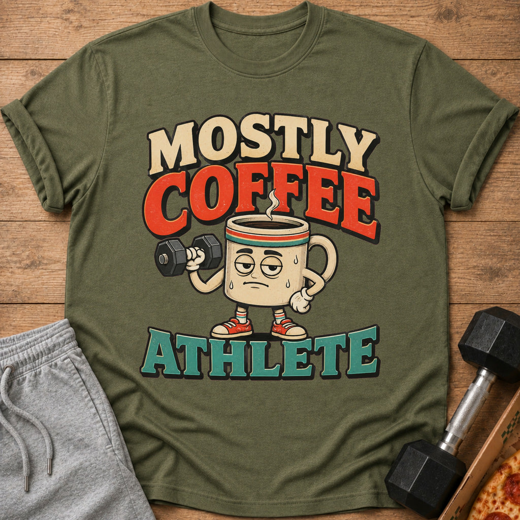 Green t-shirt with a cartoon coffee cup lifting a dumbbell and the text "MOSTLY COFFEE ATHLETE".