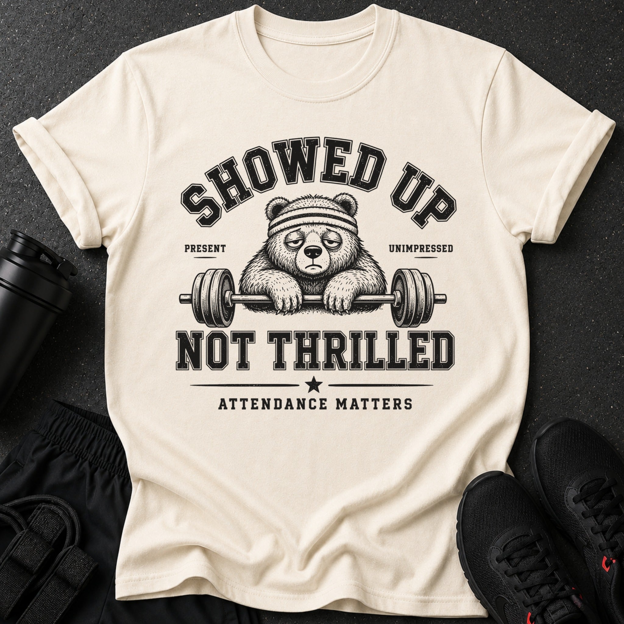T-shirt with text "SHOWED UP NOT THRILLED ATTENDANCE MATTERS" and a bear lifting a barbell.