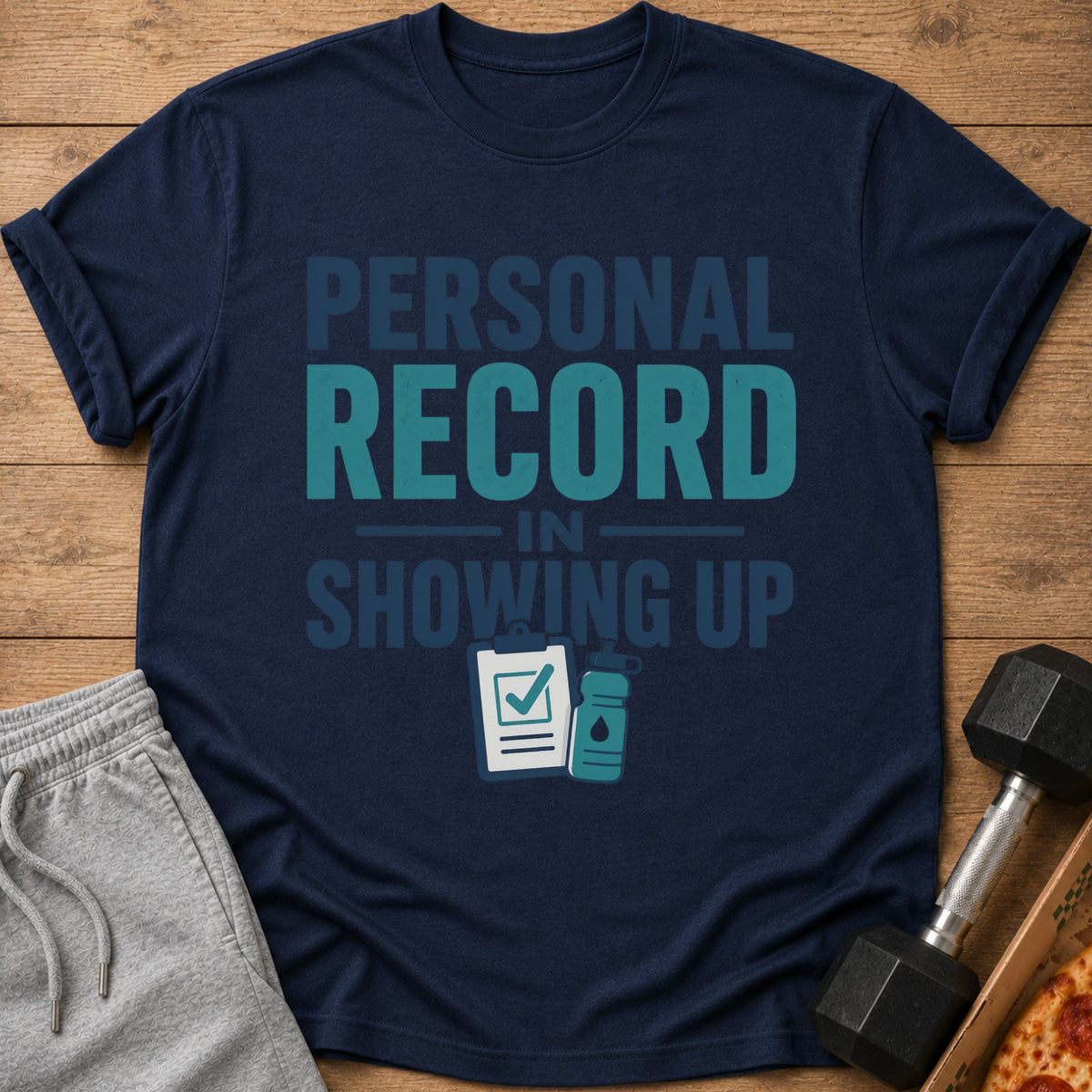 Navy t-shirt with "PERSONAL RECORD IN SHOWING UP" text and icons.