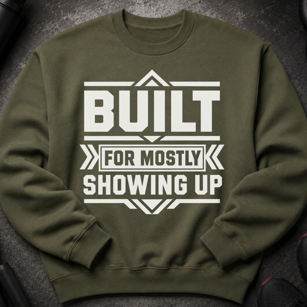 Olive sweatshirt with white text: "BUILT FOR MOSTLY SHOWING UP"