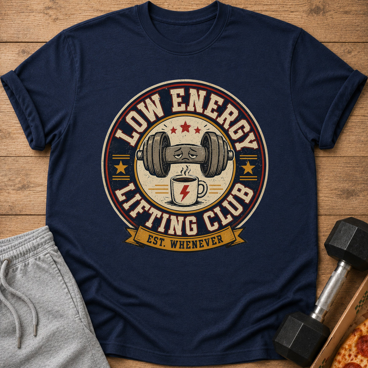 Navy t-shirt with "Low Energy Lifting Club Est. Whenever" design and tired dumbbell.