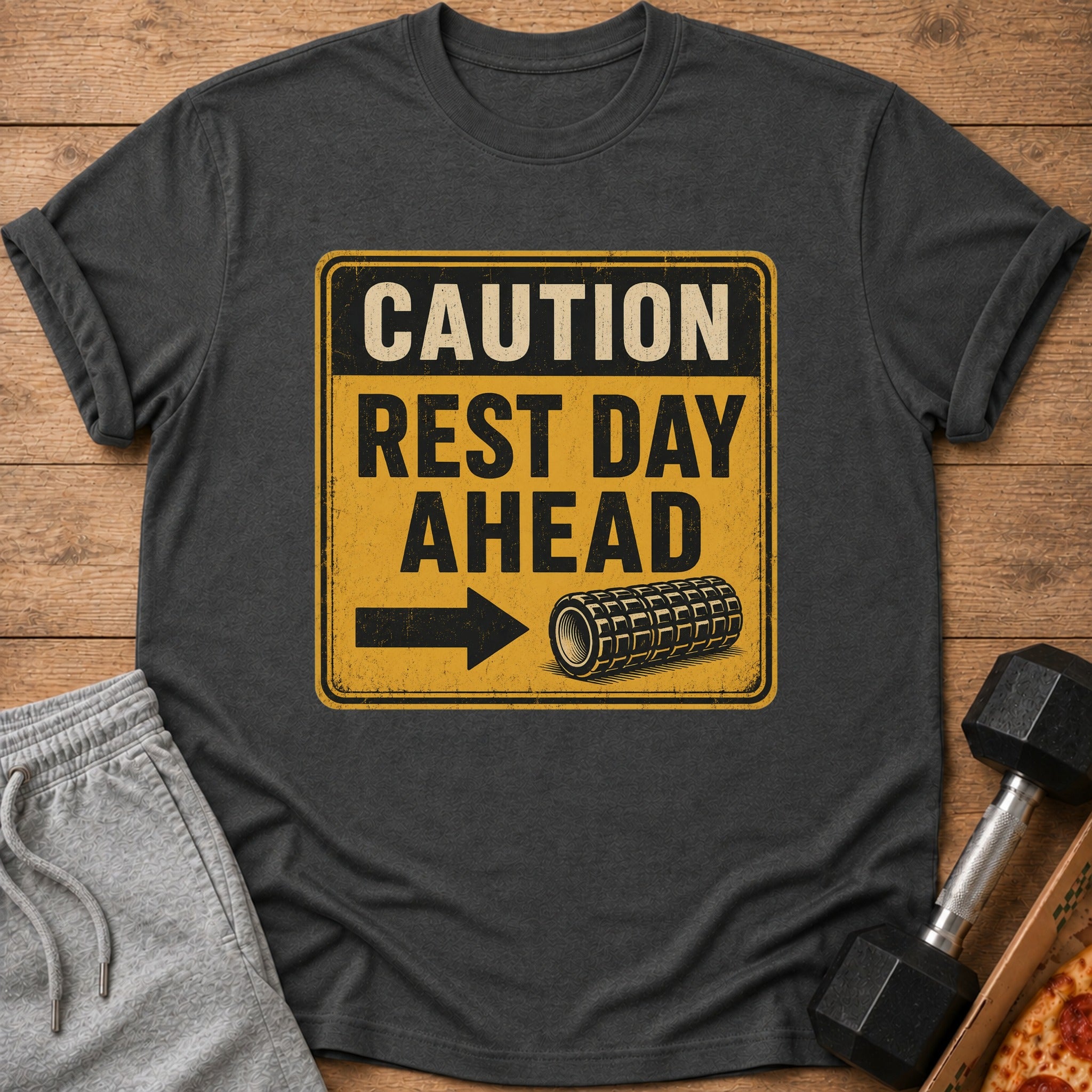 Dark t-shirt with "CAUTION REST DAY AHEAD" text and foam roller graphic.