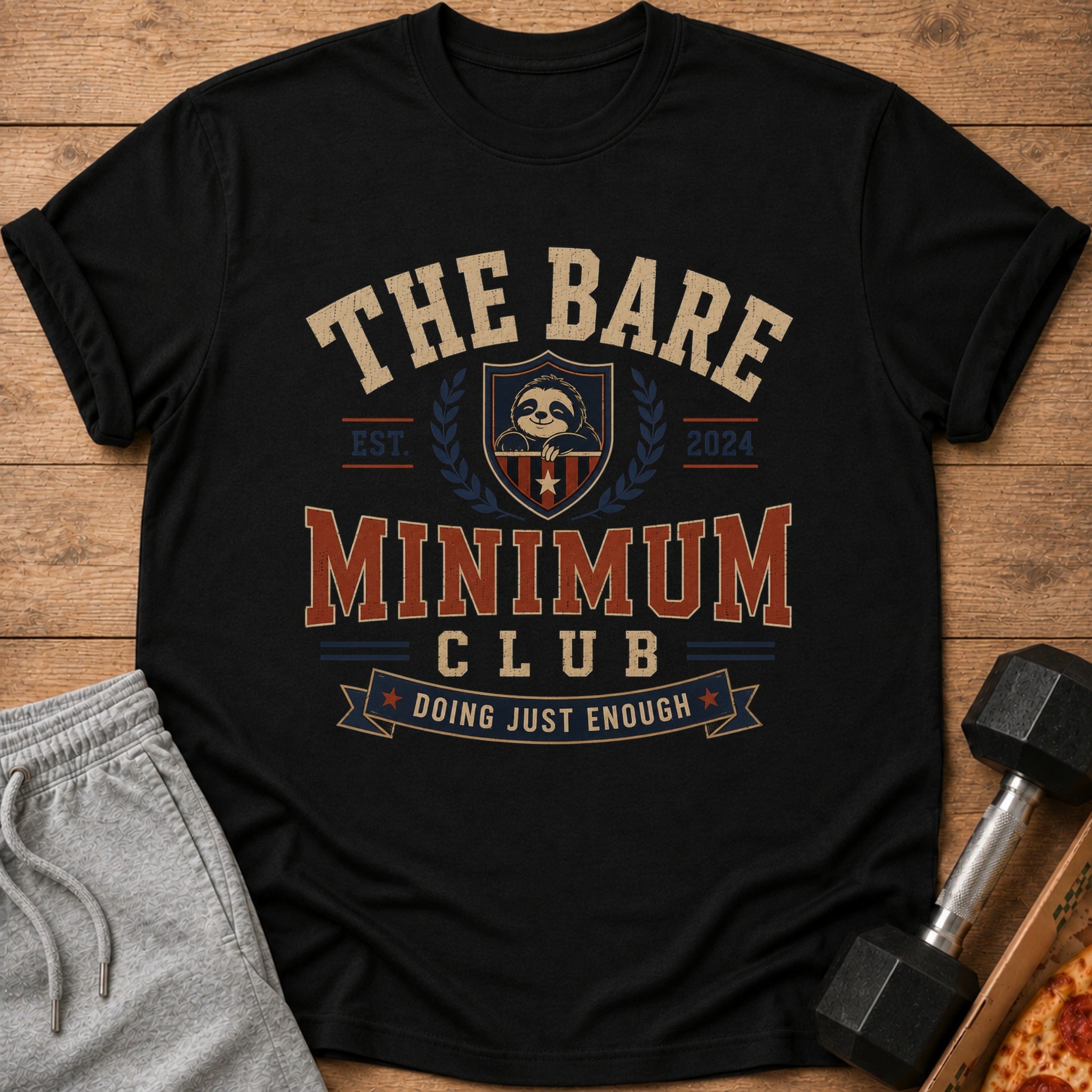 Black t-shirt with "The Bare Minimum Club" slogan and a sloth graphic.
