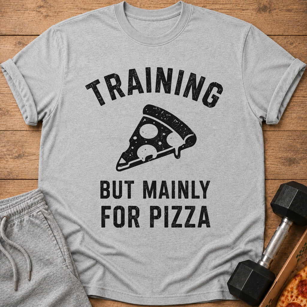 Grey t-shirt with "TRAINING BUT MAINLY FOR PIZZA" text and pizza slice graphic.