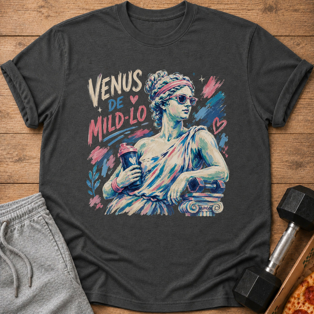 Dark t-shirt with "VENUS DE MILD-LO" text and a statue holding a shaker.
