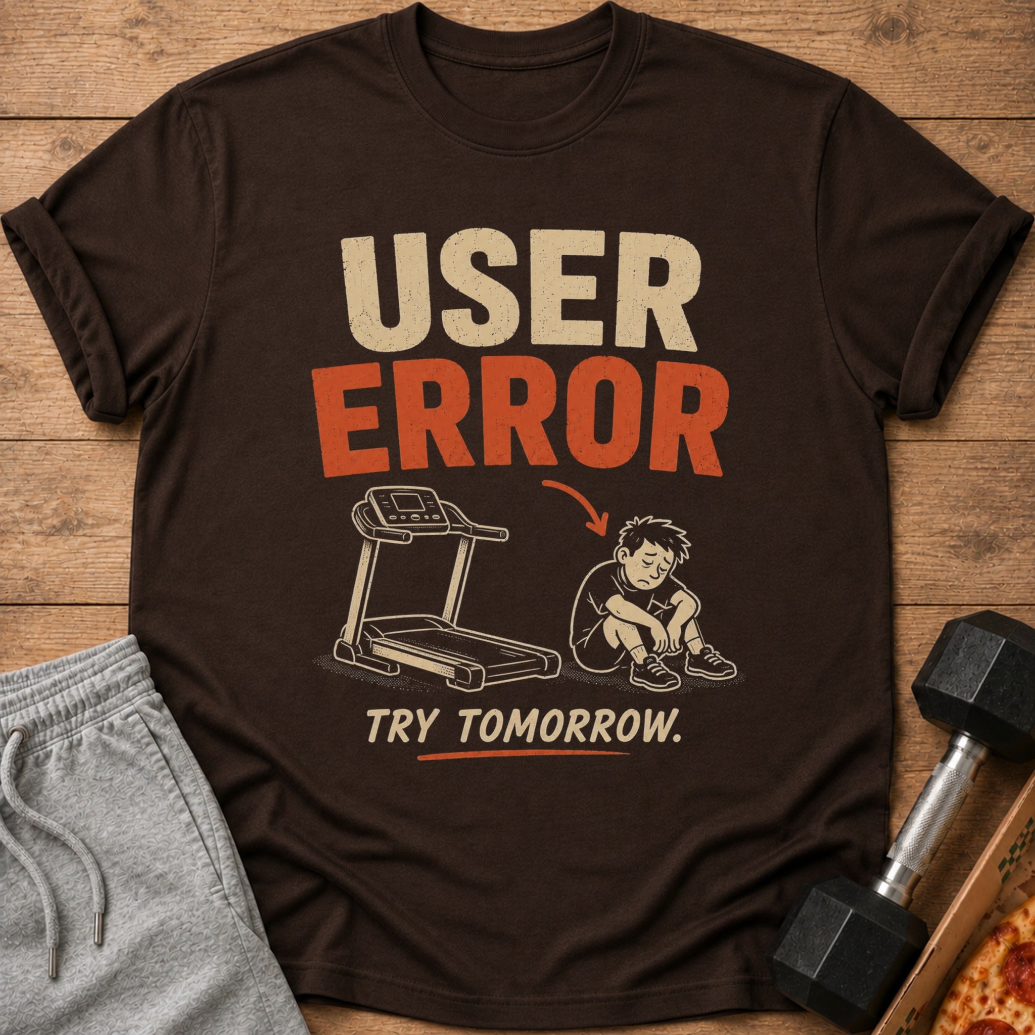 Brown t-shirt with "USER ERROR" text, treadmill, sad boy, and "TRY TOMORROW."