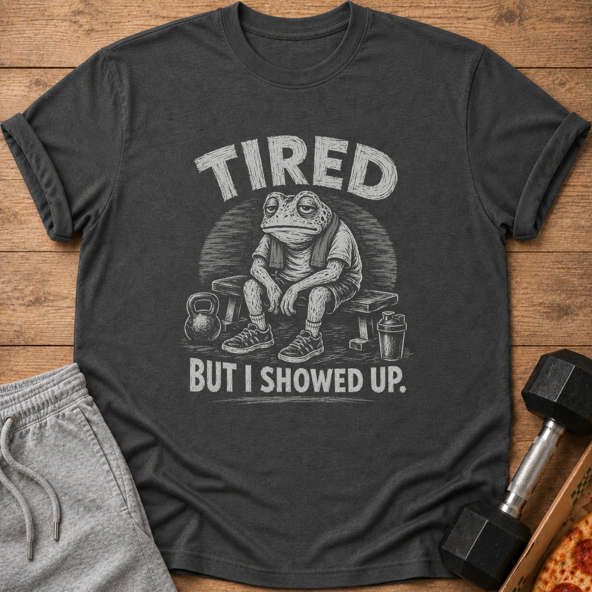 Dark grey t-shirt with a distressed graphic of a tired frog on a bench, with text "TIRED BUT I SHOWED UP."