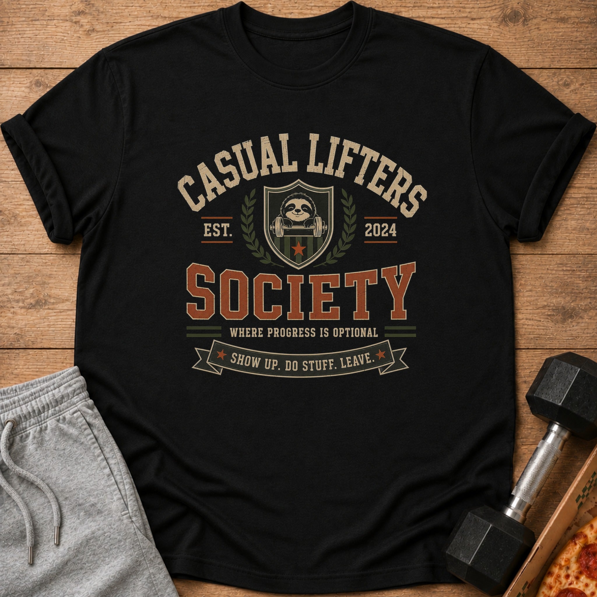 Black t-shirt with "CASUAL LIFTERS SOCIETY" text, a sloth graphic, and humorous sayings.