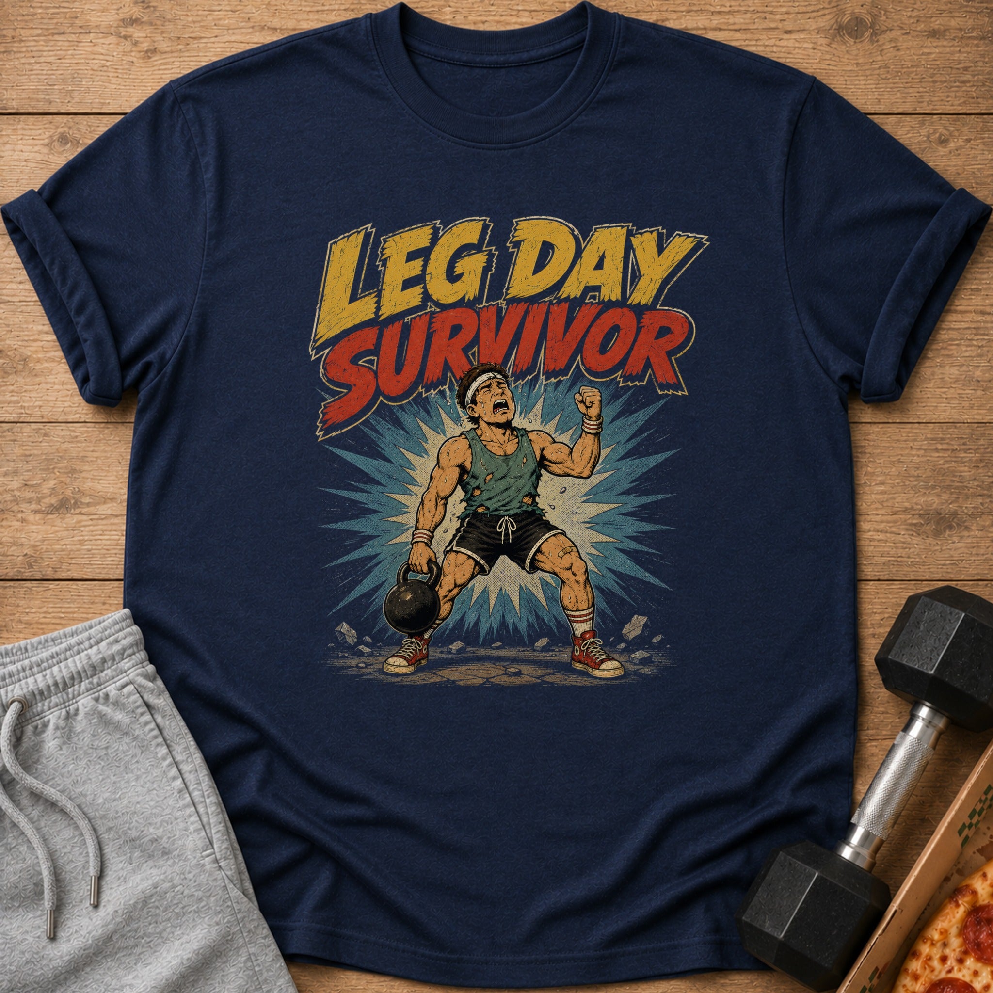 Navy t-shirt with "Leg Day Survivor" text and cartoon of a muscular man lifting a kettlebell.