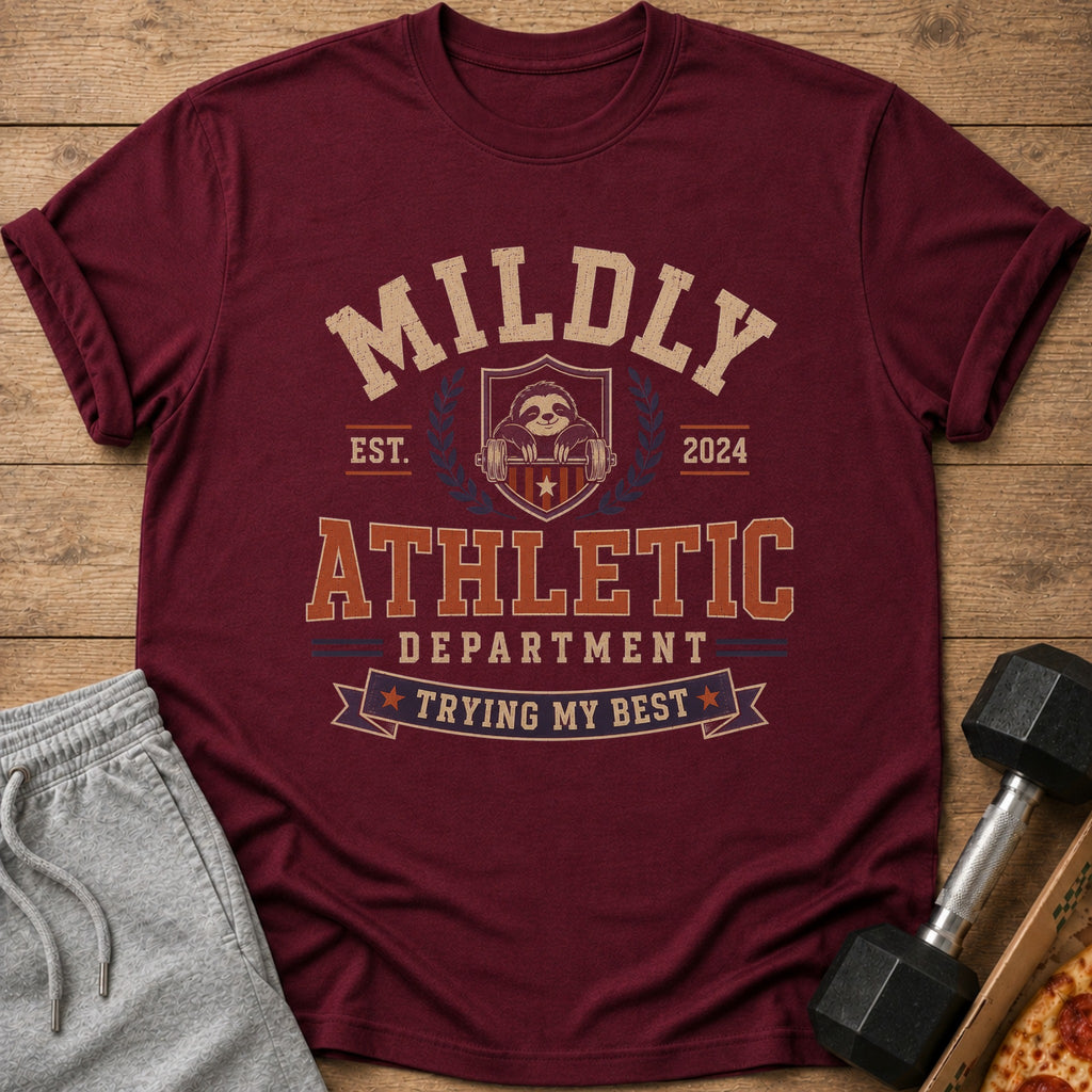Maroon t-shirt with "Mildly Athletic Department Trying My Best" text and sloth graphic.
