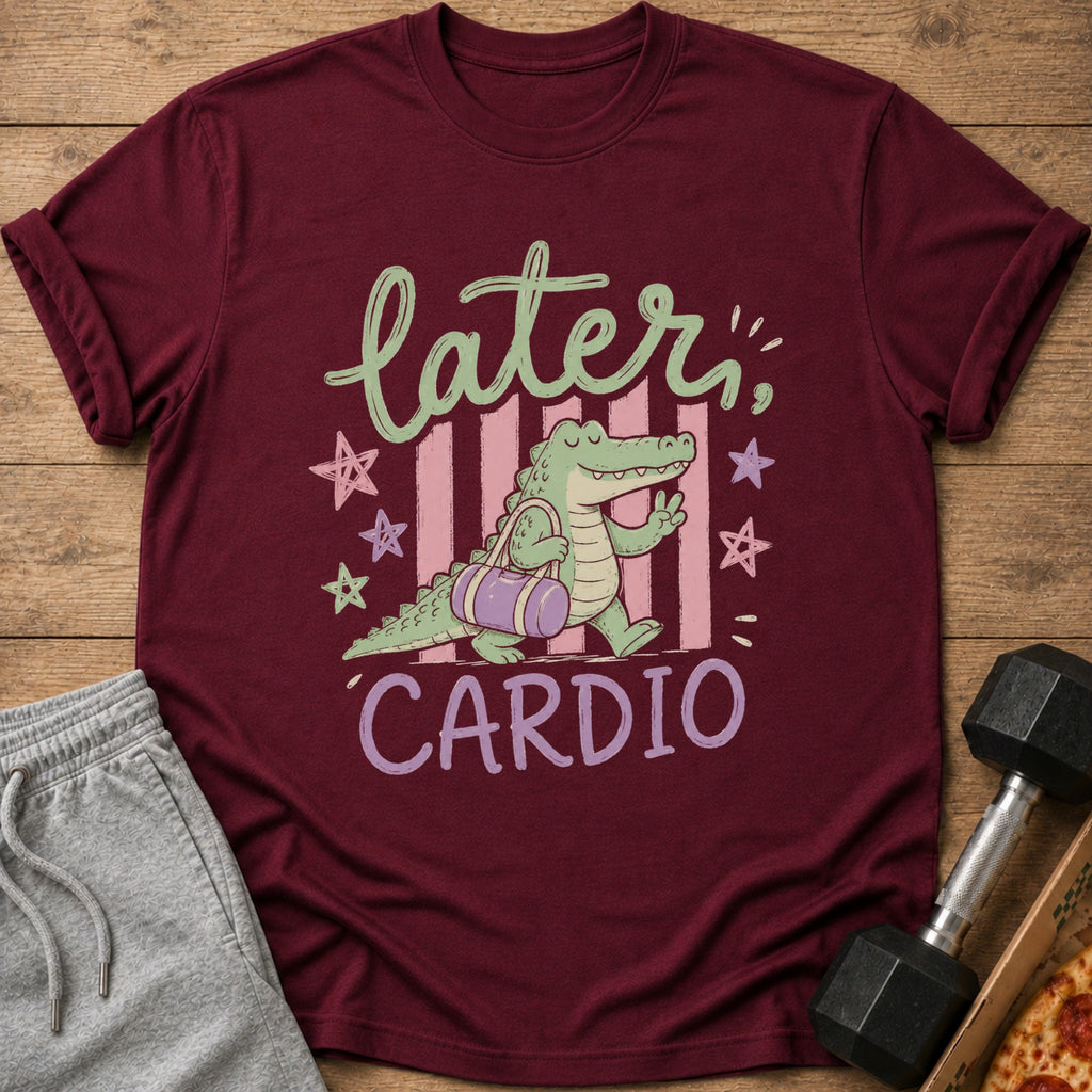 Burgundy t-shirt with cartoon alligator saying "Later Cardio" and carrying a gym bag.