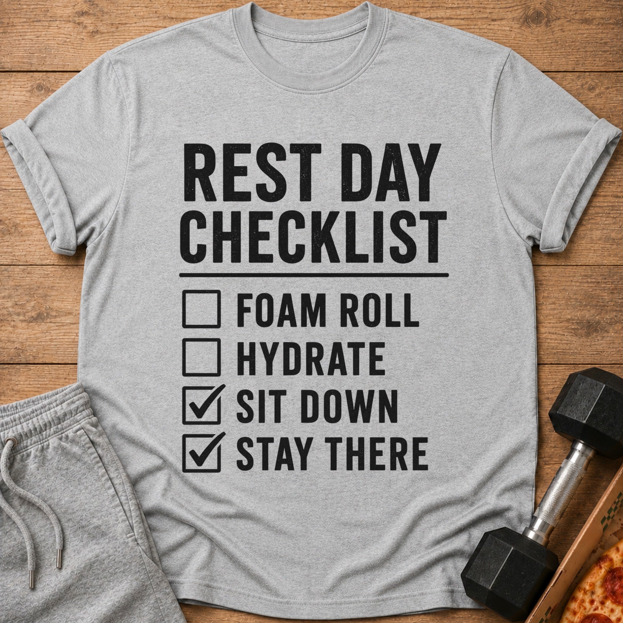 Grey t-shirt with "REST DAY CHECKLIST" and "FOAM ROLL", "HYDRATE", "SIT DOWN", "STAY THERE" printed on it.