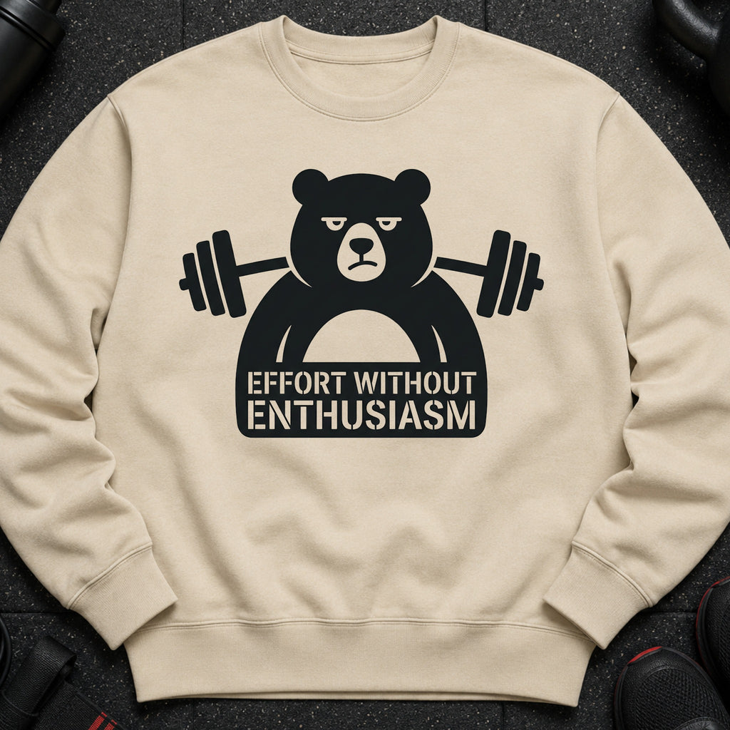 Light brown sweatshirt with black graphic of a bear lifting weights and text.
