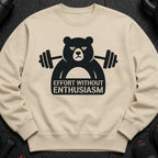 Light brown sweatshirt with black graphic of a bear lifting weights and text.