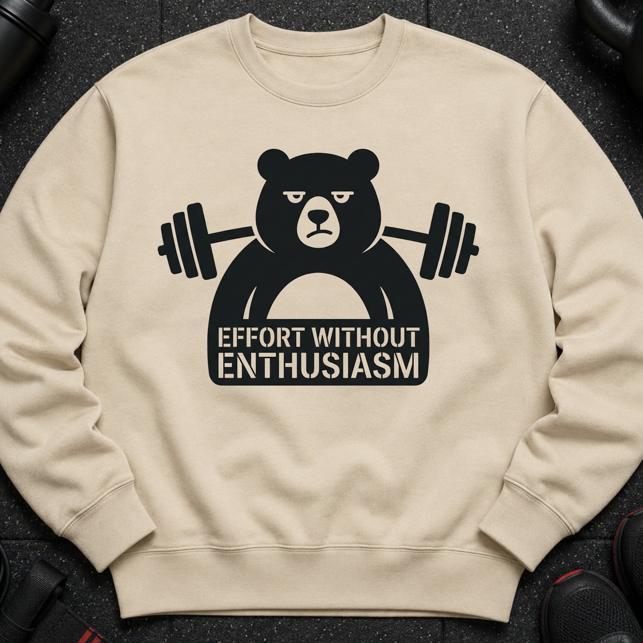 Light brown sweatshirt with black graphic of a bear lifting weights and text.