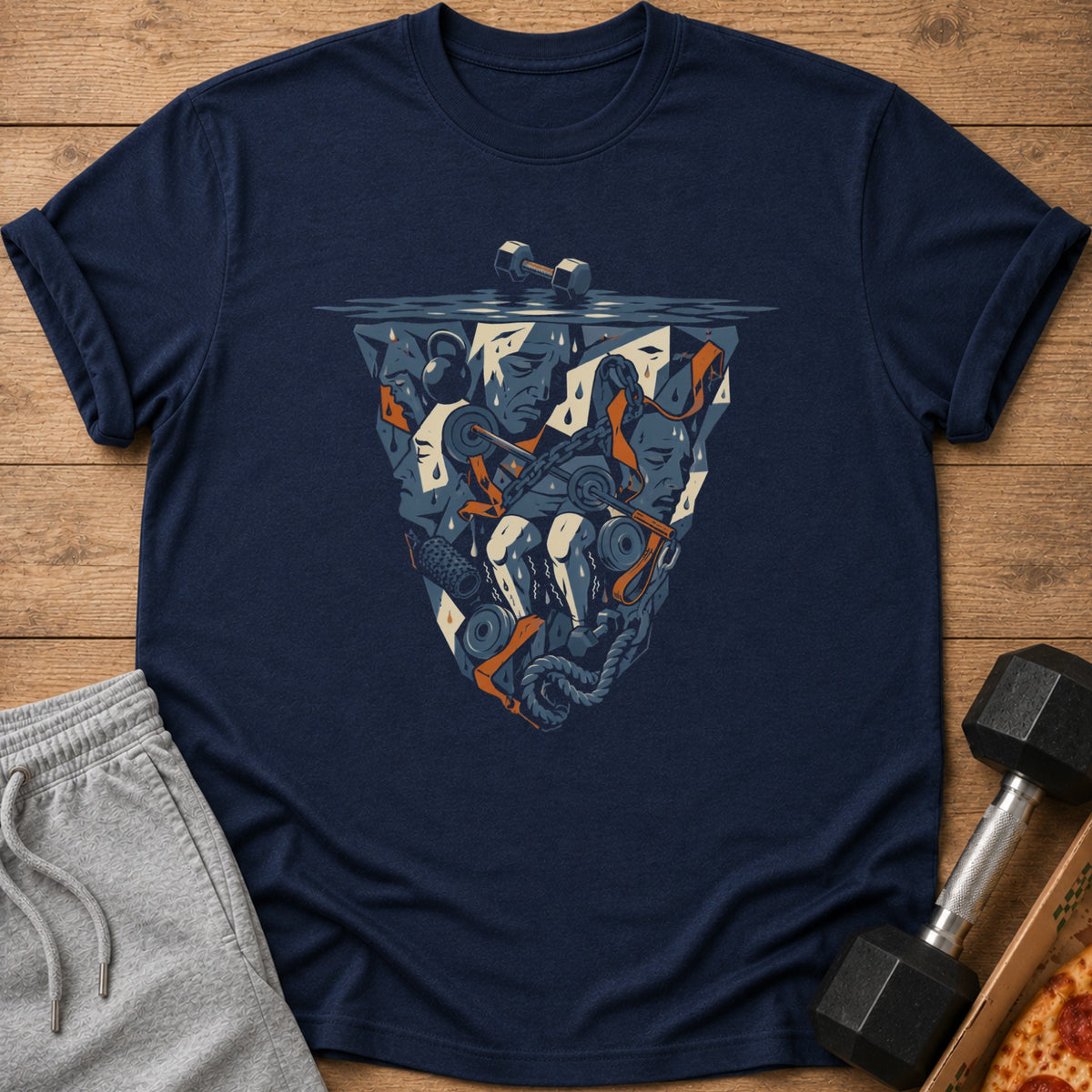 Navy t-shirt with abstract graphic of gym equipment and faces struggling.