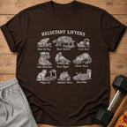 T-shirt with "Reluctant Lifters" and illustrations of animals in humorous gym poses.