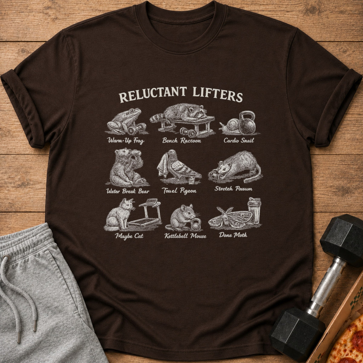T-shirt with "Reluctant Lifters" and illustrations of animals in humorous gym poses.